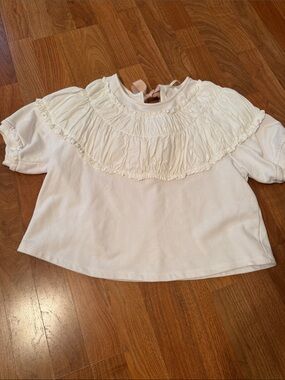Anthropologie Cream Ruffle-Yoke Pullover Sweatshirt